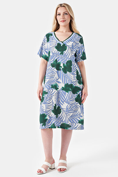 TOLGA SARAÇOĞLU 40292 Blue Striped Detail Organic Cotton Mixed Patterned Dress