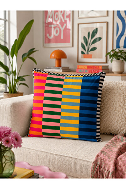 Homeilla Renk Bloklu Çizgili Kadife Dekoratif Kırlent – 40x40 cm