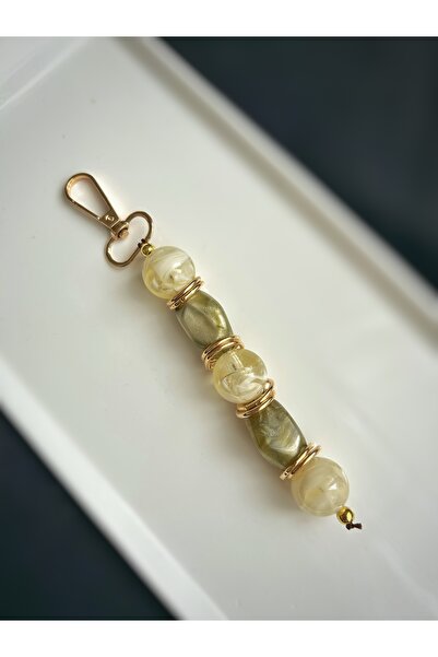 Handmade Gold Kaplama Yeşil Krem Doğal Taş Görünümlü Çanta Süsü Ve Anahtarlık...