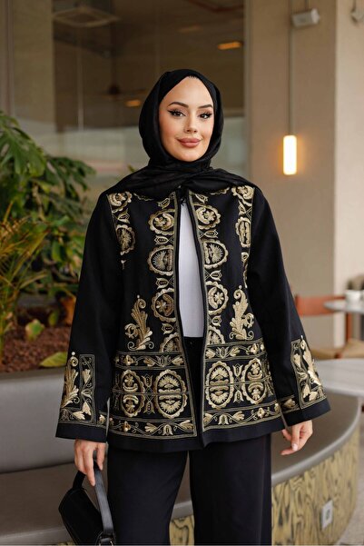 ALVOR Siyah Gold Nakış İşlemeli Tensel Kimono - Kadın Etnik Desenli Ceket