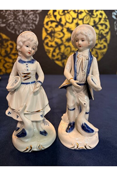 Vintage Antika Stil Porselen Çocuk Figürlü İkili Biblo 17 cm – Mavi Beyaz Dek...
