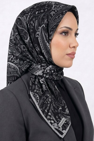 hadiora وشاح نسائي من القطن العضوي الناعم بنمط بيزلي باللونين الأسود والرمادي
