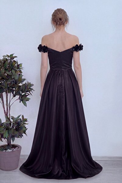zks grup tekstil Women's Off Shoulder Floral Detailed Princess Pleated Satin ...