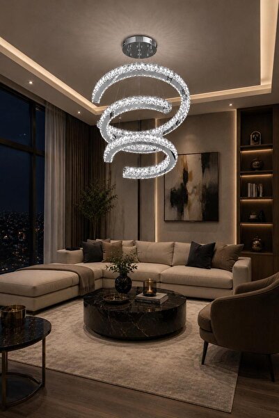 lunexa aydınlatma Modern LED Kristal Taşlı 3 Katlı Sarkıt Avize Salon Villa O...