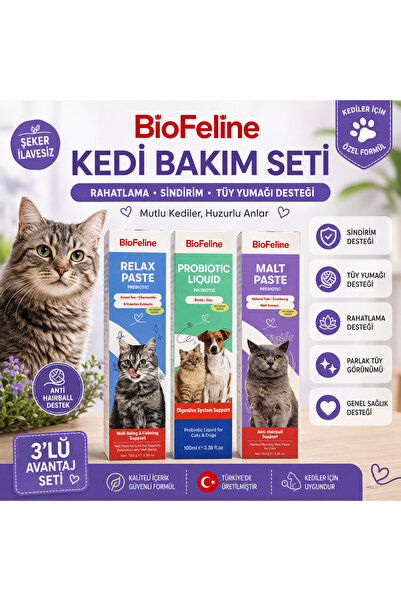 BioFeline Relax Paste + Malt Paste + Probiyotik Likit Kedi Sindirim ve Rahatl...