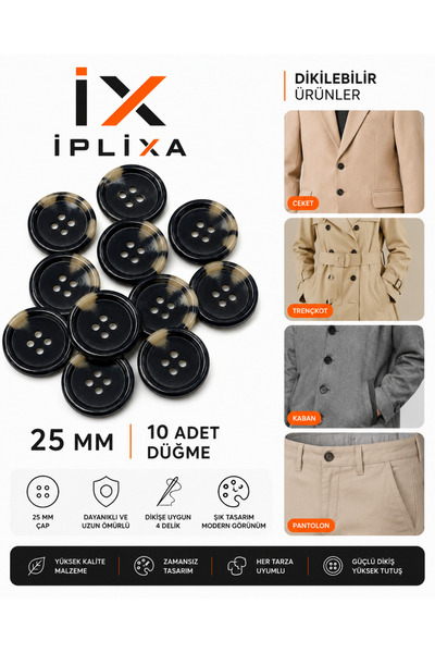 İPLİXA 25mm Siyah Bej Desenli Düğme 10 Adet | Dayanıklı Şık Dikiş Düğmesi