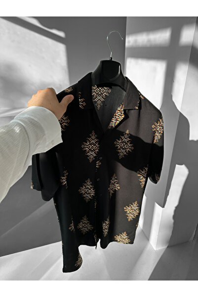 NO1 KONSEPT Black Motif Cuban Collar Efil Efil Alaçatı Shirt