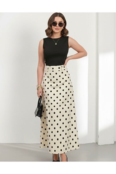 Hisleria Belt Detail Zippered Poplin Fabric Polka Dot Pattern Long Skirt - Cr...