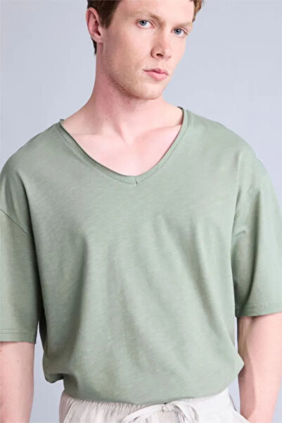DeFacto 100% Cotton Boxy Fit V-Neck Basic Washed Effect Short Sleeve T-Shirt ...