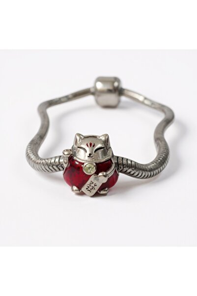 Sibelya Aksesuar سوار Lucky Cat Charm من الفولاذ مع شكل قطة وحجر أحمر