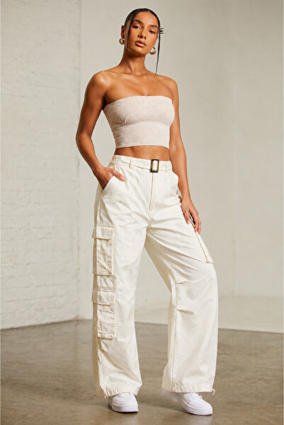 Markazzi High Waist Wide Leg Utility Cargo Pants with Pockets