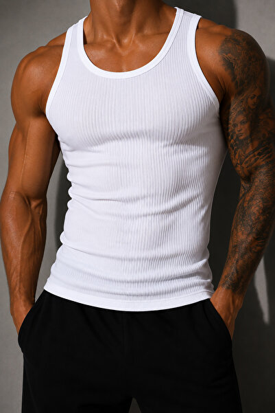 Montivo Men's Halter Neck White Slim Ribbed Slim Fit Sports Tank Top