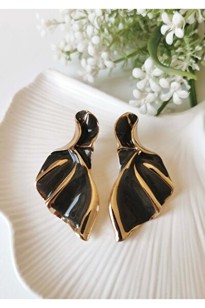 Halley Concept Milky Brown Enamel Coated Steel Earrings 3X6 cm Gold Detailed ...
