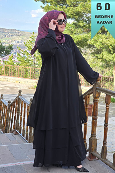 Elmas Tesettür Women's Islamic Clothing Plus Size Three-Layer Lined Abaya Ferace