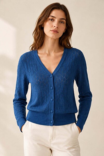 Ferraro Saks Blue V-Neck Openwork 100% Organic Cotton Women's Knitwear Cardigan