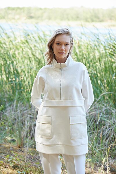 Moodbasic Rugan Detaylı Dik Yaka Tunik MB21.310 Ekru