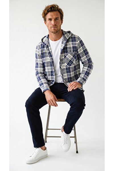 Klothy Men's Long Sleeve Plaid Hooded Linen Shirt 2403