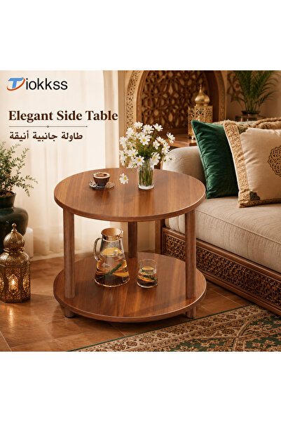 Tiokkss 1pc Round Wooden Side Table, Two-Tier Coffee Table With Storage Shelf...