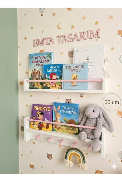 emta tasarım 60 cm 2li set beyaz pembe kitaplık Montessori raf askılık