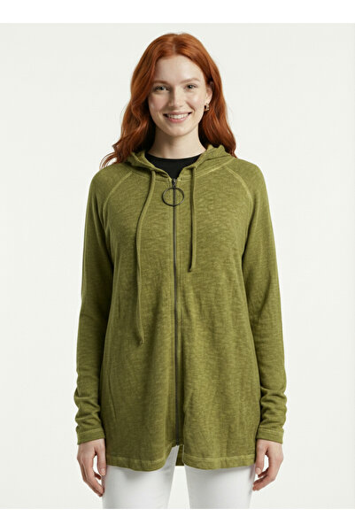 Neden Tekstil Women's Comfortable Fit Hooded Green Knitwear Cardigan