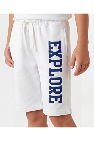 Pine kids Looper Knit Shorts with Explore Print - White