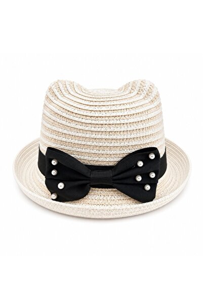 NN Elegant straw sun hat for girls, cream with black bow and pearls. 1-4 years