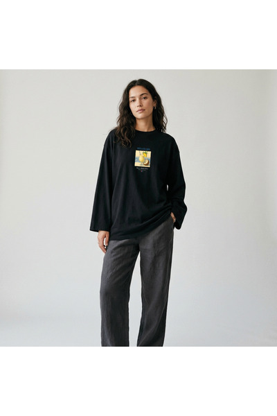Grafftee Clothing Μαύρο μπλουζάκι Nubarco Oversize με φαρδιά γραμμή, μακρυμάν...