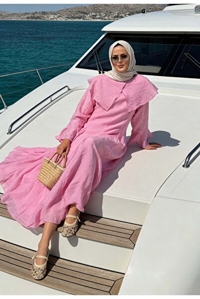 Aselim Hijap Moda فستان رومانسي مبطن من القطن الفوال - وردي