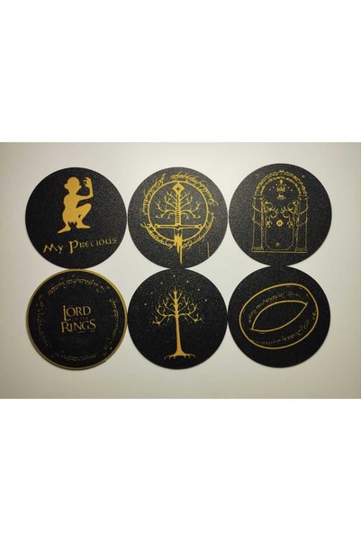 3D Layshop 7-Piece Fantastic Cinema Coaster Set with Stands - Legendary Ring-Themed Black Gold Mug Coasters