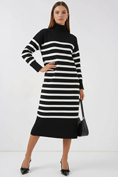 buğrahayalin Women's Turtleneck Striped Knitwear Black Dress