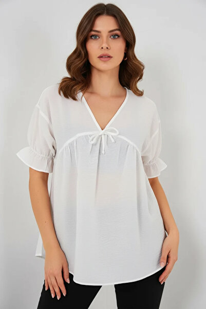 Şeker Portakalım Women's V-Neck Short Sleeve Viscose White Blouse