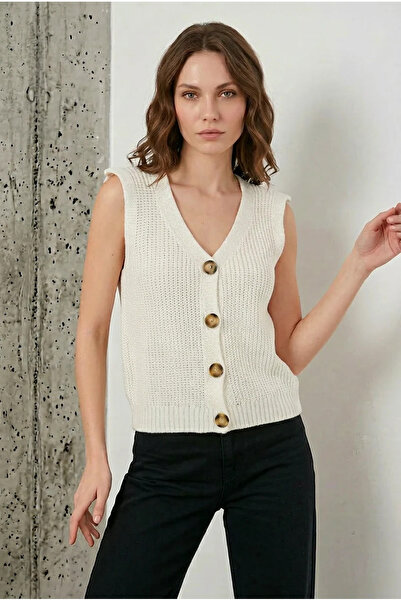 buğrahayalin Women's V-Neck Buttoned Knitwear Ecru Vest