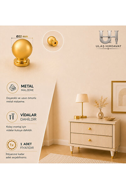Ulaş Hırdavat Gold Düğme Topuz Dolap Kulpu Tek Delikli Metal Çekmece Kulpu Mo...
