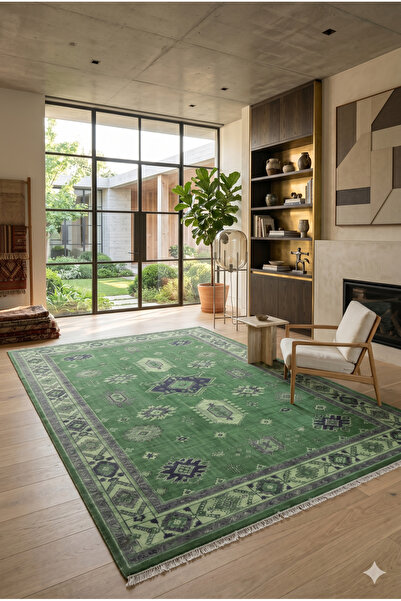 FULY CONSEPT Salon Halısı Yeşil Etnik Desenli Kaymaz Taban TH-3025-1