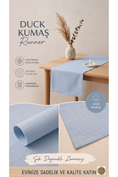 KİLİAHOME Duck Kumaş Runner Masa Örtüsü - Ketensi Dokulu Sade Mavi 42X170 cm