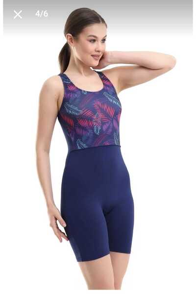 SUERTO Patterned Women's Swimsuit with Long Shorts and Ribbed Details