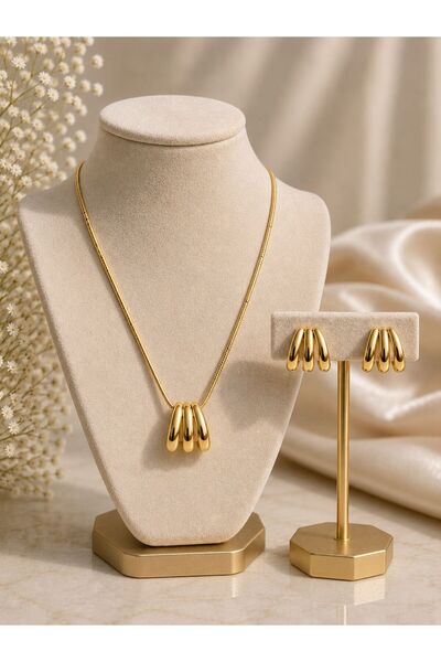 Nisma 3'lü Gold Halka Kolye Küpe 2'li set