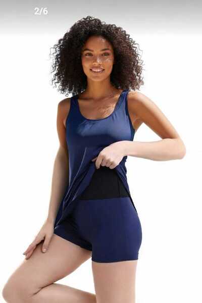 SUERTO Dark Blue Women's Lycra Shorts One-Piece Combined Dress Swimsuit