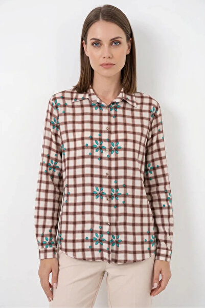 Generic Brand Women's Oversize Floral Patterned Viscose Brown Shirt