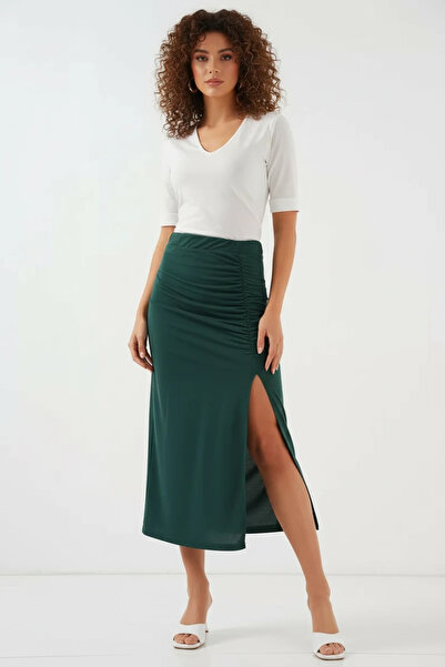 buğrahayalin Women's Drawstring Slit Emerald Green Skirt