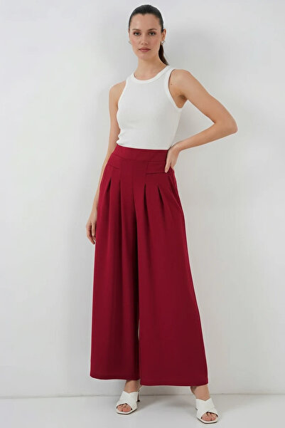buğrahayalin Women's Elastic Waist Pleated Wide Leg Red Palazzo Trousers