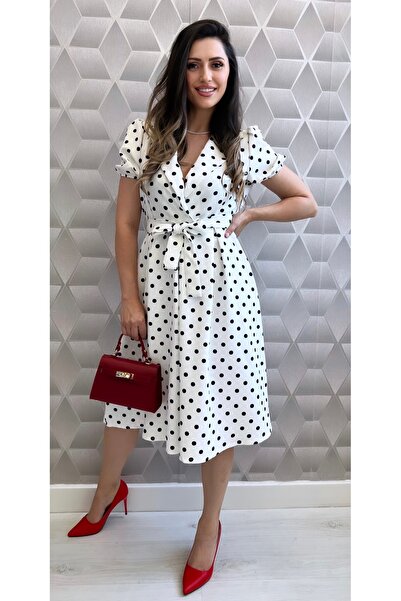 styleFlex Elegant Polka Dot Day Dress with Stretchy Waist and Drawstring