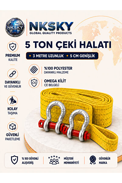 NKSKY 5 Ton Araç Çekme Halatı 3 Metre 5 cm Genişlik CE Belgeli Omega Kilitli ...