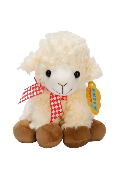 Puffy Friends Oturan Peluş Kuzu 24 cm - Kahverengi Kurdeleli