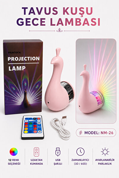 GÜZELYÜZ AVM Tavus Kuşu Gece Lambası Projeksiyonlu Led Lamba 12 Renk Uzaktan ...