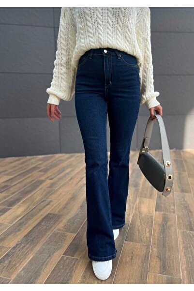 MAY JEAN KADIN KOT İSPANYOL PAÇA TOPARLAYICI LACİVERT FLARE DENİM JEANS