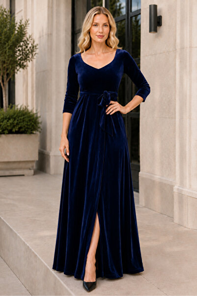 IŞILTI Women's Three-Quarter Sleeve Heart Collar Back Detailed Belted Velvet ...
