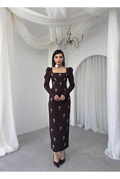 Caddebostan Moda Square Neckline Stone Embellished Long Sleeve Midi Evening D...
