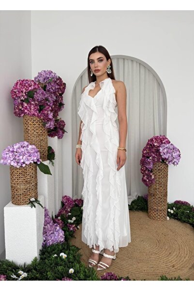 Caddebostan Moda Women's V-Neck Ruffle Stylish Evening Dress, Graduation and ...
