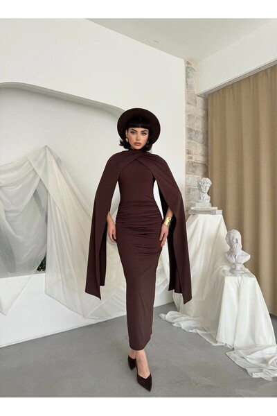 Caddebostan Moda Cape-Style High Collar Long Evening Dress with Ruffle Detail